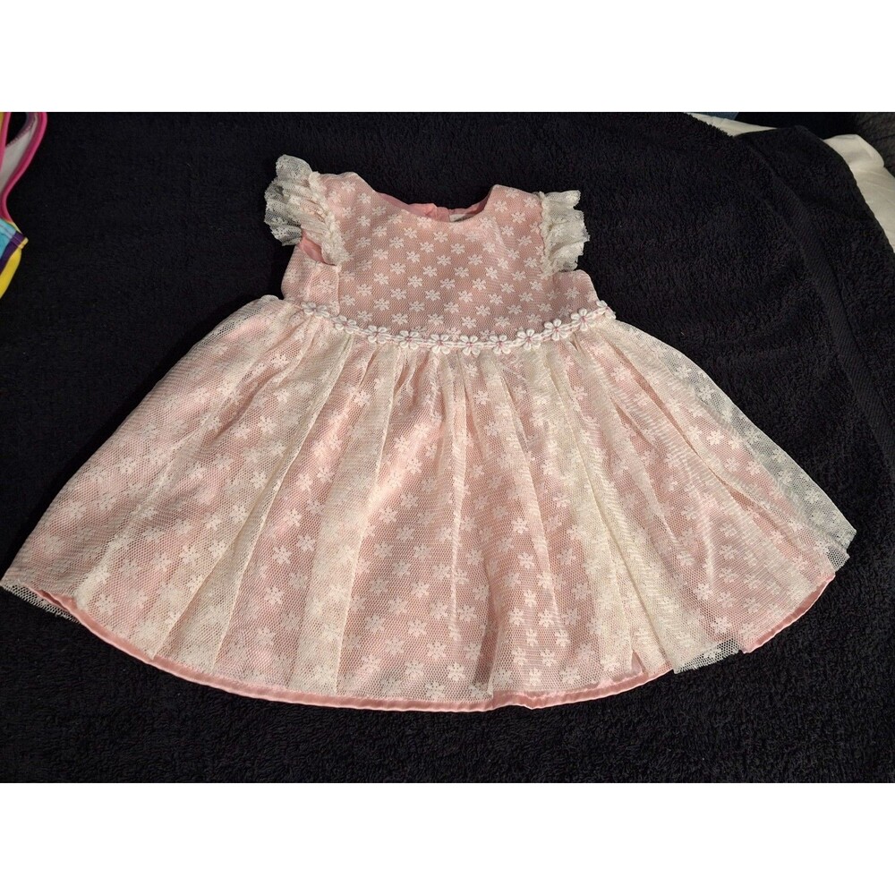Nannette Baby Pink Lace Tulle Floral Dress 12M Special Occasion Infant Girls